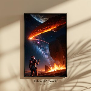 Alien Planet Sci-Fi Wandkunst, Fantasy Alien Landschaft, Weltraum Wandkunst, Weltraum, Galaxie, Astronomie, Universum, kosmisch, fertig zum Aufhängen