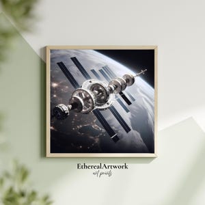 May include: A digital art print depicting a futuristic space station orbiting Earth. The station is a large, cylindrical structure with multiple modules connected by long, thin arms. Earth is visible in the background, with a blue and green surface and a dark, starry sky.