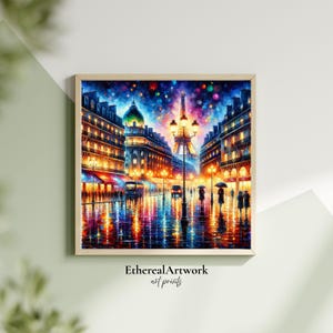 Paris Street Lights Wall Art, Eiffel Tower Rainy Night Poster, Colorful Impressionist City Print for Cozy Urban Decor, Colorful Night Scene