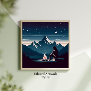 Arte de montaña con fogata nocturna, póster de cielo estrellado y naturaleza salvaje, decoración de pared para una aventura tranquila al aire libre para cabañas, albergues o amantes de la naturaleza.