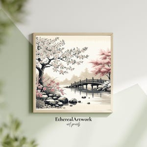 Japanese Cherry Blossom Wall Art, Zen Garden Bridge Poster, Serene Landscape Print for Tranquil Decor, Serene Nature Wall Art, Nature Lovers