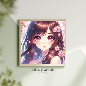 Anime Girl Wall Art Poster, Cherry Blossom Aesthetic Print, Kawaii Pink Eyes Decor, Soft Pastel Manga Room Art, Gifts for Art Lovers