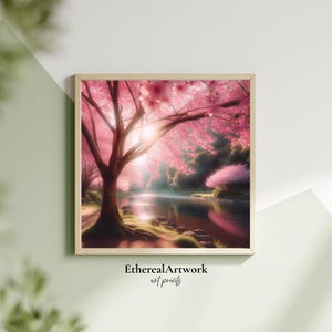 Cherry Blossom Tree by River Wall Art, Serene Sakura Spring Landscape Poster, Soft Pink Nature Print for Peaceful Home Decor