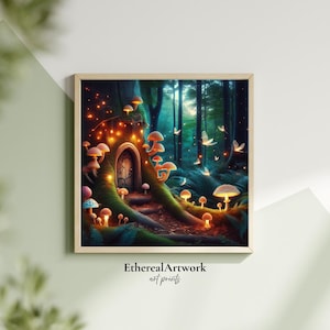 Fairy Tree Door Wall Art, Glowing Mushrooms & Fireflies Poster, Enchanted Forest Fantasy Print for Cottagecore or Whimsical Decor