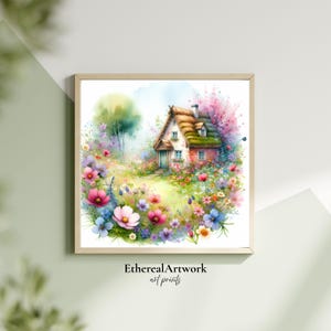 Whimsical Cottage Garden Wall Art, Floral House Poster, Watercolor Country Print, Cozy Nature Decor, Nature Lover Gift, Whimsical Home Decor