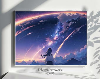 Stunning Anime Celestial Scene Art Print, Stargazing Girl, Cosmic Journey, Starry Cosmos, Galaxy Art, Beautiful Night Sky, Anime Wall Decor