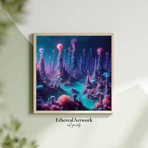 Alien Bioluminescent Jungle Wall Art, Surreal Sci-Fi Flora Poster, Vibrant Fantasy Landscape Print for Cosmic or Dreamy Decor