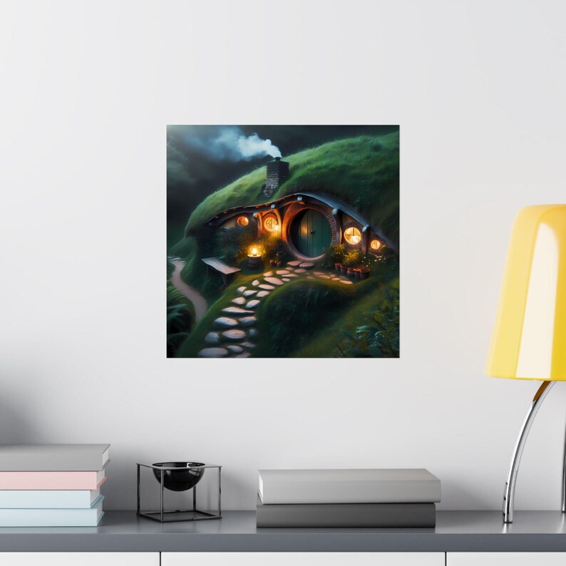 Cozy Hobbit House Wall Art, Glowing Cottage in the Hill Poster, Fantasy ...