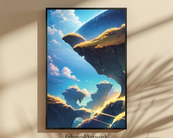 Floating Islands in the Sky, Fantasy Landscape Art Print, Dreamy Wall Art, Whimsical Home Decor, Magical World Poster, Surreal Nature Scene