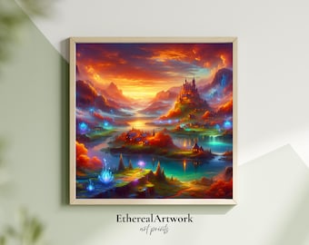 Magical Sunset Castle Landscape Wall Art, Fantasy Poster Print, Vibrant Fairytale Kingdom Decor for Dreamy Home Interiors, Fantasy Wall Art