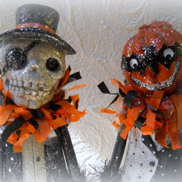 Halloween Folk Art Figures Skeleton Man Pumpkin Girl "Masquerade Party" hand painted vintage looking HAGUILD