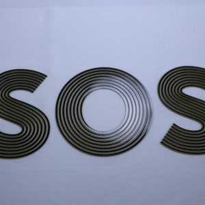 Pode incluir: A palavra "SOS" &eacute; escrita em c&iacute;rculos conc&ecirc;ntricos pretos e brancos sobre um fundo branco.