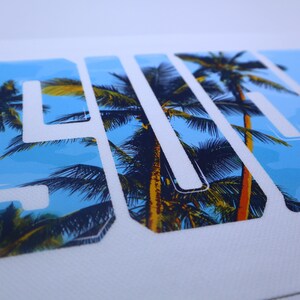 May include: White t-shirt with a graphic print of the word "SURF" in white letters with a tropical palm tree design.