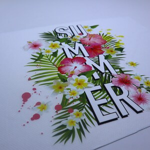 May include: A white background with the word "SUMMER" in black letters with white outlines. The letters are surrounded by pink and white flowers and green palm leaves. There are pink paint splatters on the background.