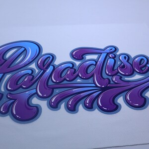 May include: A purple and blue gradient graphic with the word "Paradise" written in a stylized, bubbly font.