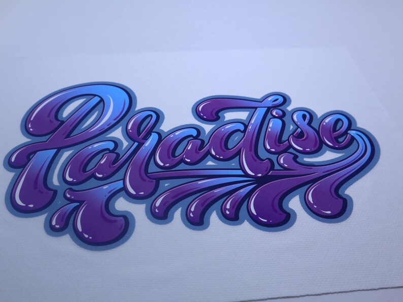 May include: A purple and blue gradient graphic with the word "Paradise" written in a stylized, bubbly font.