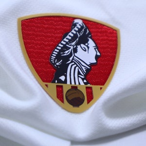 May include: A white t-shirt with a detailed emblem. The emblem features a red background with a profile of a person in black and white, and a gold border. A brown ball is at the bottom of the emblem.
