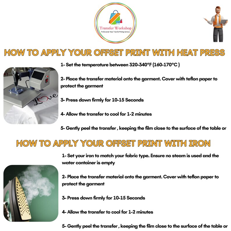 May include: Instructions on how to apply an offset print using a heat press or an iron. The instructions include setting the temperature, placing the transfer material, pressing down firmly, allowing the transfer to cool, and gently peeling the transfer.