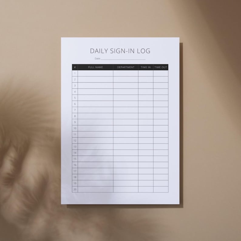 Daily Sign-in Sheet Printable Employee Timesheet Log Book Time ...