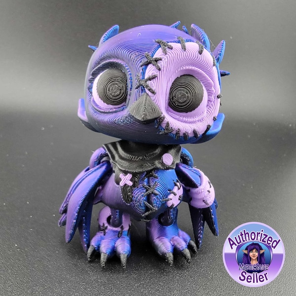 Voodoo Crow Figure | 3D Printed Tricolor Iridescent Raven with Patchwork Details