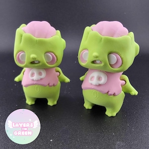 Puede incluir: Dos figuras de zombis verdes con cerebros rosas y camisas con una calavera blanca. Las figuras tienen ojos grandes y están de pie. La imagen incluye un logotipo de Layers in Green.