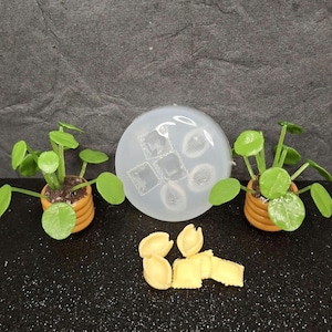 May include: A translucent silicone mold featuring square and oval cavities, positioned between two miniature potted green plants with round leaves in orange pots. In front of the mold are several small, pale yellow, shell-shaped pasta pieces.