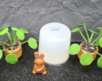Peut inclure: Une scène miniature avec deux petites plantes en pot aux feuilles vert vif et une figurine de lapin brun clair. Un moule cylindrique translucide est centré entre les plantes. Le fond est gris foncé texturé.