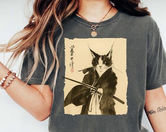 Samurai Cat T-Shirt: Japanese Ink Art, Funny Cat Lover Tee