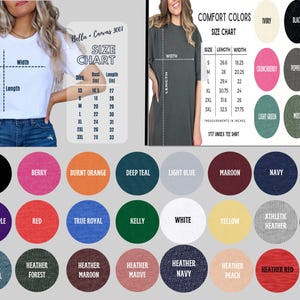 Pode incluir: Uma tabela de tamanhos para camisetas Bella + Canvas 3001, mostrando as medidas em polegadas para os tamanhos XS a 3XL. Uma tabela de cores mostra 24 cores diferentes para as camisetas, incluindo preto, baga, laranja queimado, azul-marinho escuro, azul claro, marrom, azul marinho, rosa, roxo de equipe, vermelho, azul royal, kelly, branco, amarelo, cinza atl&eacute;tico, cinza escuro, cinza escuro mesclado, verde floresta mesclado, marrom mesclado, malva mesclado, azul marinho mesclado, p&ecirc;ssego mesclado, vermelho mesclado e verde kelly mesclado.