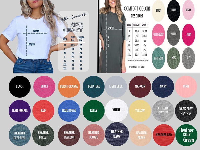 Pode incluir: Uma tabela de tamanhos para camisetas Bella + Canvas 3001, mostrando as medidas em polegadas para os tamanhos XS a 3XL. Uma tabela de cores mostra 24 cores diferentes para as camisetas, incluindo preto, baga, laranja queimado, azul-marinho escuro, azul claro, marrom, azul marinho, rosa, roxo de equipe, vermelho, azul royal, kelly, branco, amarelo, cinza atl&eacute;tico, cinza escuro, cinza escuro mesclado, verde floresta mesclado, marrom mesclado, malva mesclado, azul marinho mesclado, p&ecirc;ssego mesclado, vermelho mesclado e verde kelly mesclado.