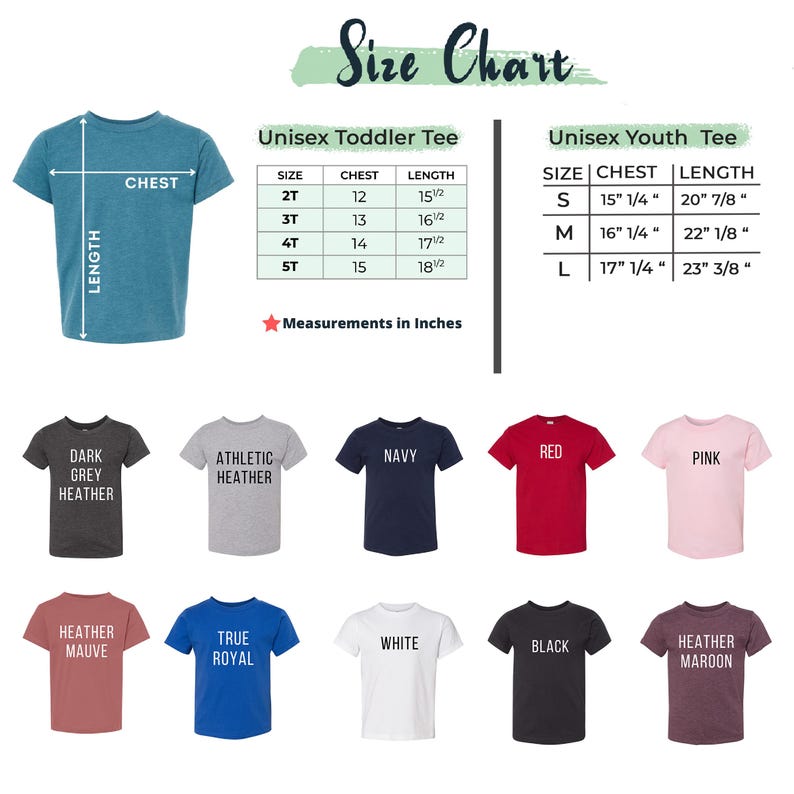 Pode incluir: Tabela de tamanhos para camisetas unissex para crian&ccedil;as pequenas e jovens. A tabela mostra as medidas de peito e comprimento em polegadas para os tamanhos 2T, 3T, 4T, 5T, S, M e L. A tabela tamb&eacute;m mostra uma variedade de cores de camisetas, incluindo cinza escuro mesclado, mesclado atl&eacute;tico, azul marinho, vermelho, rosa, mesclado malva, azul royal, branco, preto e mesclado marrom.