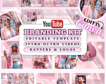 YouTube Branding Kit YouTube template YouTube banner YouTube cover YouTube intro Youtube outro YouTube video thumbnail YouTube Pink