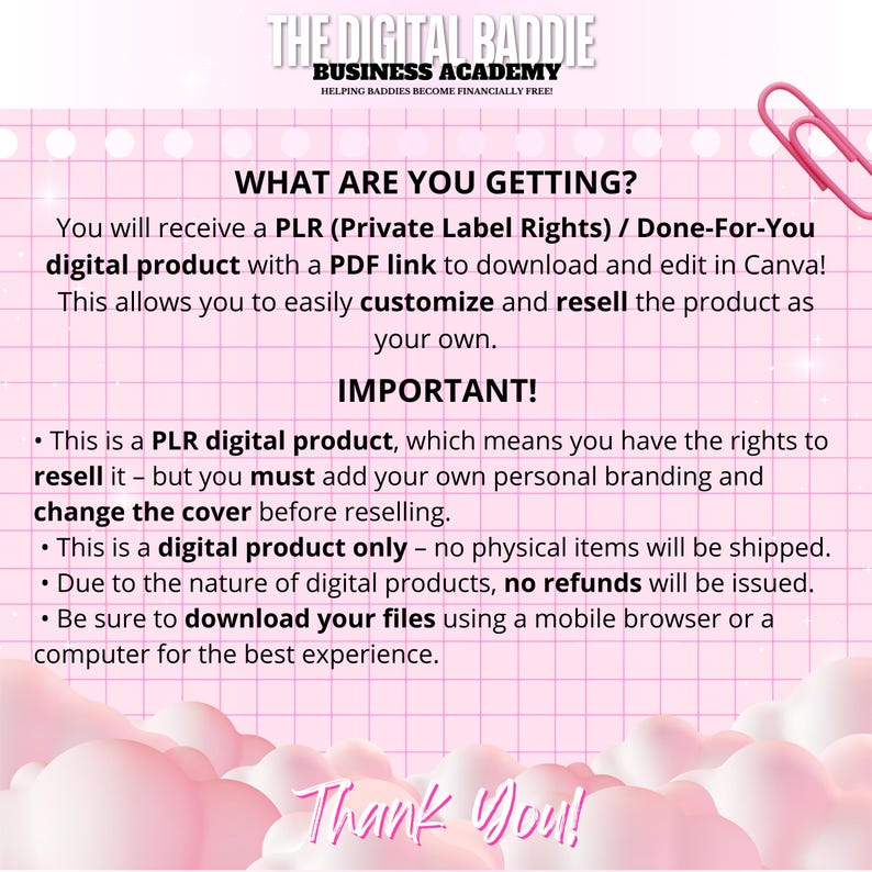 May include: Pink and white digital product information sheet with the text "THE DIGITAL BADDIE BUSINESS ACADEMY" and "WHAT ARE YOU GETTING?" The sheet explains the product is a PLR digital product with a PDF link to download and edit in Canva.