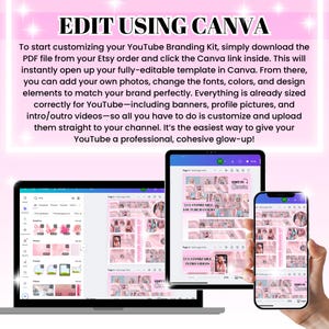 Puede incluir: Una plantilla de kit de marca de YouTube rosa y blanca para Canva. La plantilla incluye banners personalizables, videos de introducci&oacute;n y salida, e im&aacute;genes de perfil. El texto en la imagen dice "Edit in Canva".