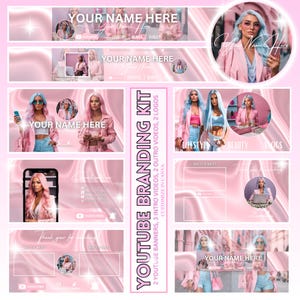 Puede incluir: Un kit de marca de YouTube rosa y blanco con un fondo de seda rosa y blanco. El kit incluye 2 banners de YouTube, 3 videos de introducci&oacute;n, 2 videos de salida y 2 logotipos. El texto "YOUR NAME HERE" aparece en los banners y logotipos. El kit es personalizable en Canva.