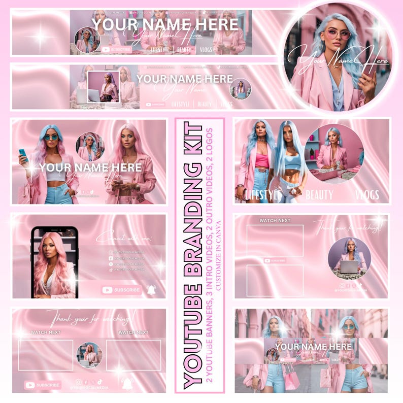 Puede incluir: Un kit de marca de YouTube rosa y blanco con un fondo de seda rosa y blanco. El kit incluye 2 banners de YouTube, 3 videos de introducci&oacute;n, 2 videos de salida y 2 logotipos. El texto "YOUR NAME HERE" aparece en los banners y logotipos. El kit es personalizable en Canva.
