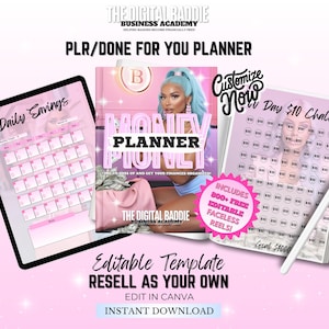 May include: A digital marketing graphic with the text "Money Planner" and "Daily Savings" on a pink background. The image includes a planner, a tablet, and a "Day $10 Challenge" sheet. The text "Resell as your own" and "Instant Download" are also visible.