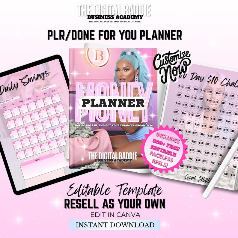 May include: A digital marketing graphic with the text "Money Planner" and "Daily Savings" on a pink background. The image includes a planner, a tablet, and a "Day $10 Challenge" sheet. The text "Resell as your own" and "Instant Download" are also visible.