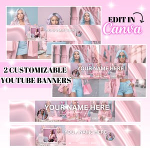 Puede incluir: Dos plantillas de banner de YouTube personalizables con un esquema de color rosa y blanco. Los banners presentan a una mujer con cabello rosa y azul, vistiendo una chaqueta rosa y pantalones cortos azules. El texto "YOUR NAME HERE" se muestra en cada banner, junto con las palabras "LIFESTYLE", "BEAUTY" y "VLOGS".