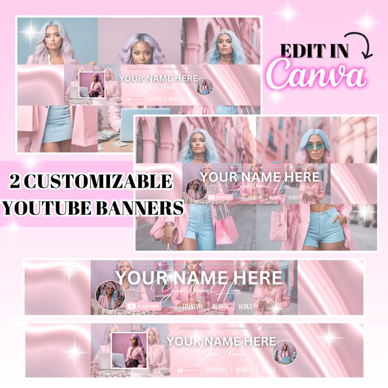 Puede incluir: Dos plantillas de banner de YouTube personalizables con un esquema de color rosa y blanco. Los banners presentan a una mujer con cabello rosa y azul, vistiendo una chaqueta rosa y pantalones cortos azules. El texto "YOUR NAME HERE" se muestra en cada banner, junto con las palabras "LIFESTYLE", "BEAUTY" y "VLOGS".
