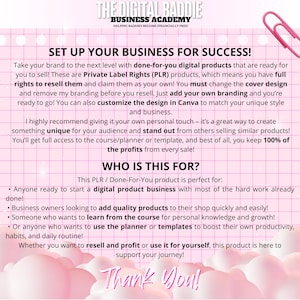 May include: Pink and white graphic with text promoting digital products. The text includes "The Digital Baddie Business Academy" and "Set Up Your Business For Success!" with bullet points about the product's benefits.