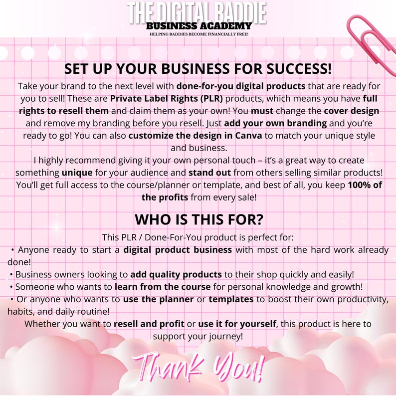 May include: Pink and white graphic with text promoting digital products. The text includes "The Digital Baddie Business Academy" and "Set Up Your Business For Success!" with bullet points about the product's benefits.