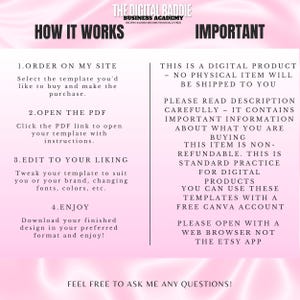 May include: A digital product information graphic with a pink and white gradient background. The text includes "How It Works" and "Important" sections, detailing the purchase, PDF opening, editing, and enjoyment of a template. The text also states that the product is digital and non-refundable.