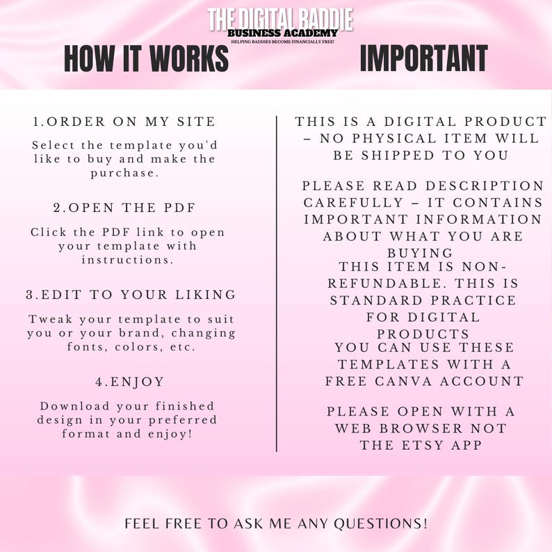 May include: A digital product information graphic with a pink and white gradient background. The text includes "How It Works" and "Important" sections, detailing the purchase, PDF opening, editing, and enjoyment of a template. The text also states that the product is digital and non-refundable.