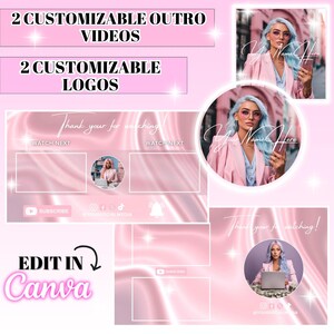 Puede incluir: Plantillas de cierre de YouTube personalizables en rosa y blanco con una mujer con una chaqueta rosa y una camisa blanca. El texto dice "&iexcl;Gracias por ver!" y "Editar en Canva".