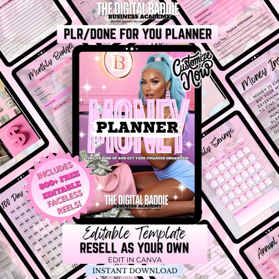 Money Planner Template to Resell | Easy Done-For-You PLR Budget & Money Tracker Digital Planner Editable in Canva and GoodNotes pink