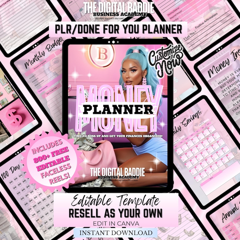 May include: A digital money planner template with a pink and white design. The image features a woman with blue hair, the text "Money Planner," and the words "Editable Template, Resell as Your Own." Includes 800+ free editable faceless reels.