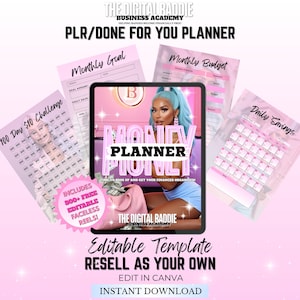 May include: A pink and white digital planner template with the text "Money Planner" and "Editable Template". The image includes a tablet with a woman with blue hair, and several financial planning sheets.