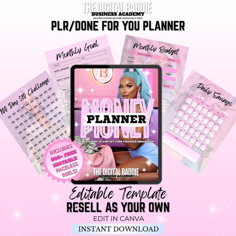 May include: A pink and white digital planner template with the text "Money Planner" and "Editable Template". The image includes a tablet with a woman with blue hair, and several financial planning sheets.