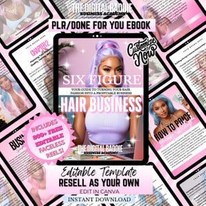 May include: A digital product ebook titled "Six Figure Hair Business" with a woman with purple hair on the cover. The ebook is surrounded by other digital product mockups, including one that says "How to Price Your Product". The text "Editable Template Resell as Your Own" is also visible.